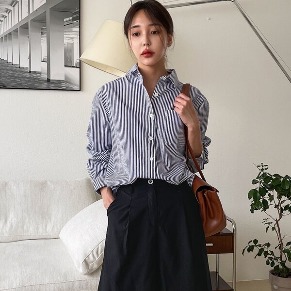 

Striped Print Pocket Patched Blouse, Blue and white