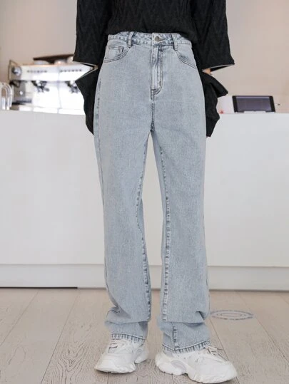 DAZY ハイウェスト ライトウォッシュ ストレートレッグジーンズの画像