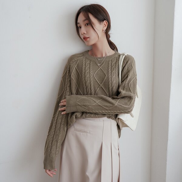 

Cable Knit Raglan Sleeve Sweater, Khaki