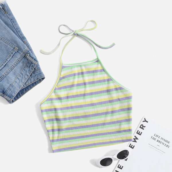 

Striped Rib-knit Halter Top, Multicolor