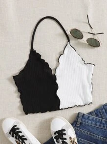 SHEIN EZwear 生菜飾邊掛脖上衣 - 黑與白 - 查看 1