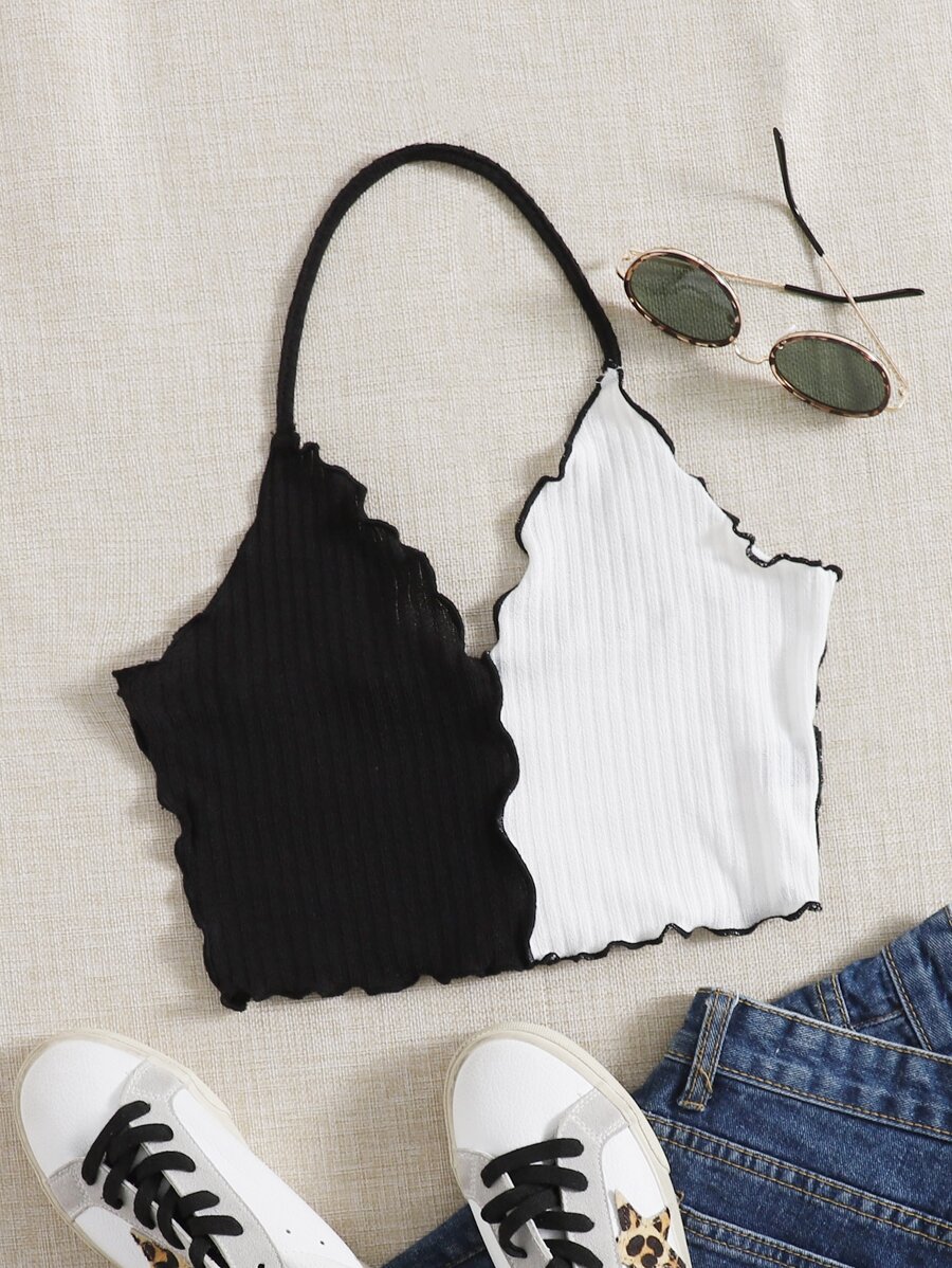 SHEIN EZwear 生菜飾邊掛脖上衣 - 黑與白 - 查看 1