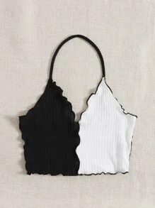 SHEIN EZwear 生菜飾邊掛脖上衣 - 黑與白 - 查看 4