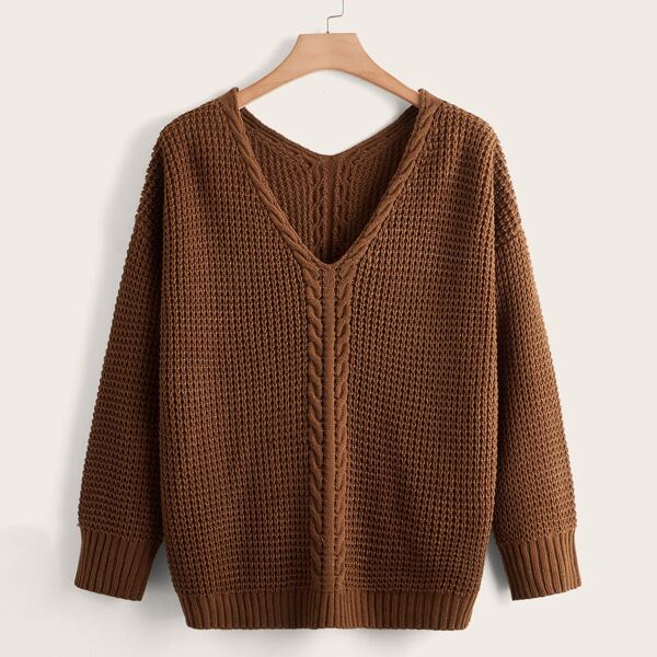 

Plus Solid Cable Knit Drop Shoulder Sweater, Coffee brown