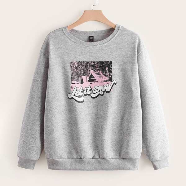 

Plus Slogan Graphic Round Neck Sweatshirt, Light grey