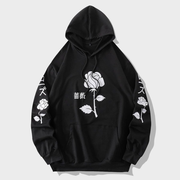 

Men Rosaceae & Letter Graphic Drawstring Hoodie, Black