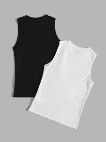 SHEIN EZwear 2 piezas Top tank unicolor tejido de canalé - Blanco y Negro - Ver 2