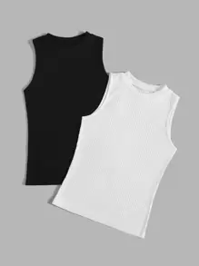 SHEIN EZwear 2 piezas Top tank unicolor tejido de canalé - Blanco y Negro - Ver 4