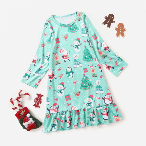 

для девочек Ночная рубашка с рождественским принтом с оборками, Мятно-зеленый