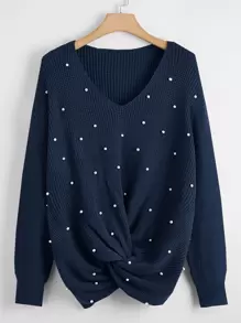 SHEIN LUNE Plus Pearls Beaded Twist Front Drop Shoulder Jumper - Navy Blue - View 1