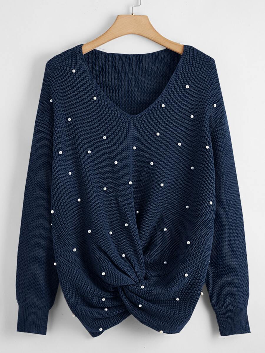 SHEIN LUNE Plus Pearls Beaded Twist Front Drop Shoulder Jumper - Navy Blue - View 1