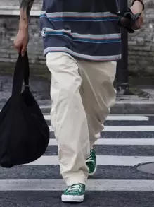 Manfinity Hypemode Pantalones De Hombre Con Cintura Con Cordón Y Corte Holgado Liso - Beis - Ver 1