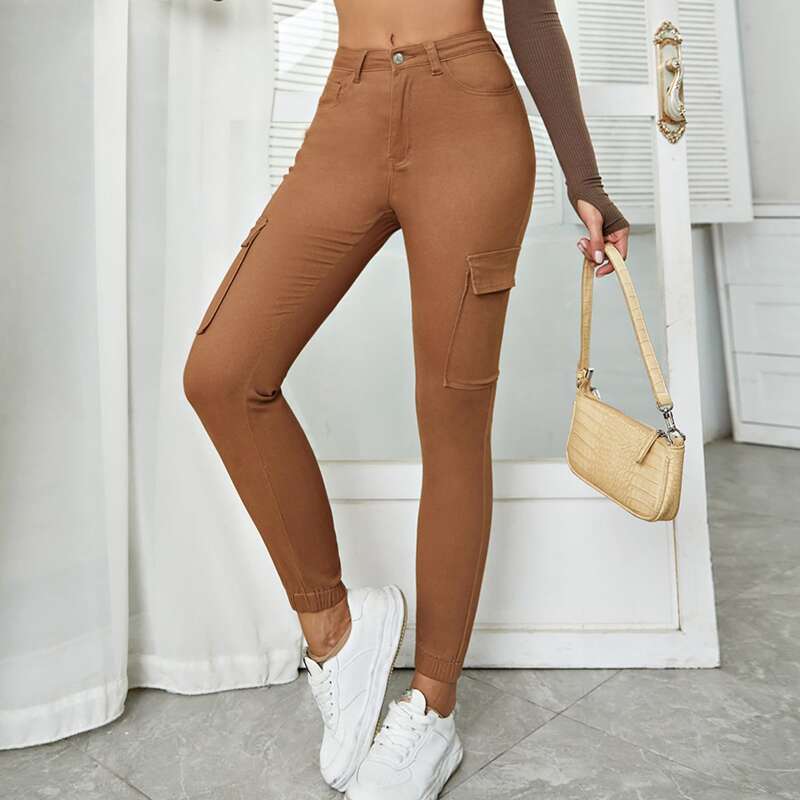 

Solid Flap Pocket Skinny Jeans, Brown