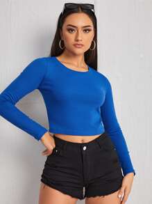 SHEIN EZwear Áo thun nữ màu trơn Giải trí - Xanh đậm - Xem 4