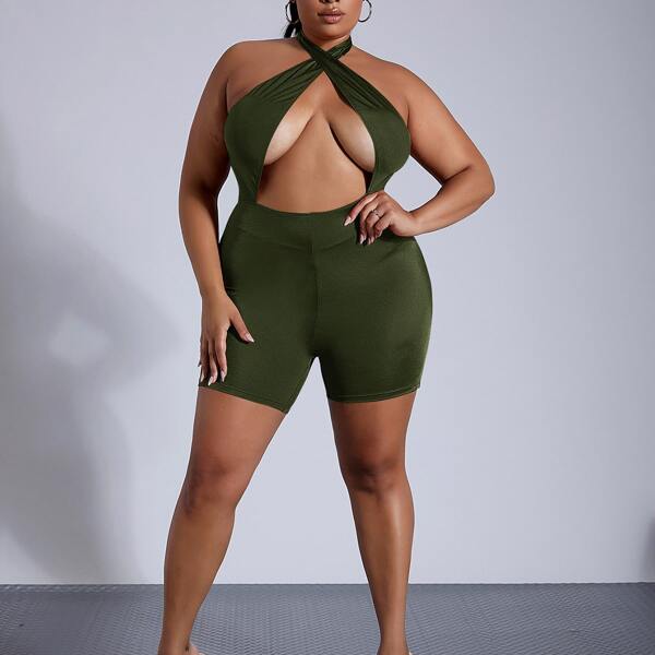 

Plus Cut Out Front Halter Romper, Army green