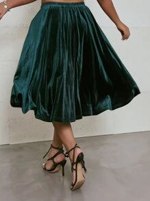 Celure Plus High Waist Velvet Flare Skirt - Dark Green - View 2