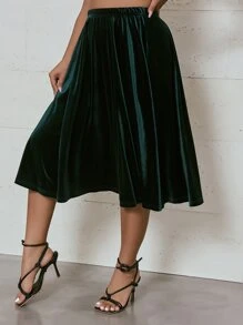 Celure Plus High Waist Velvet Flare Skirt - Dark Green - View 3