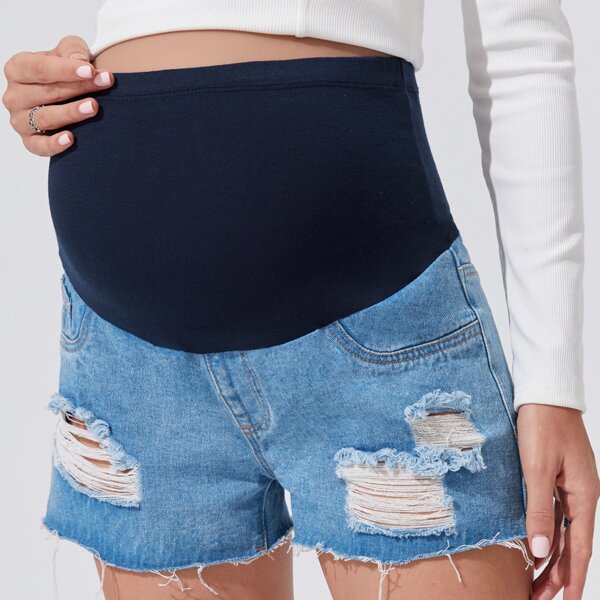 

Maternity Ripped Raw Hem Denim Shorts, Light wash