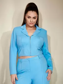 SHEIN Privé Plus Lapel Neck Bustier Crop Jacket - Baby Blue - View 1
