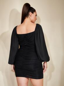 SHEIN Belle Plus Ruched V Wired Lantern Sleeve Bodycon Dress - Black - View 2