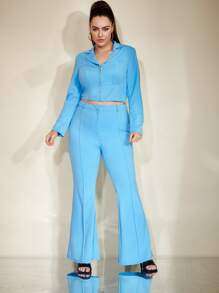 SHEIN Privé Plus Lapel Neck Bustier Crop Jacket - Baby Blue - View 3