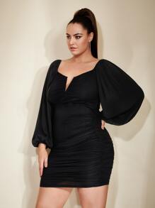 SHEIN Belle Plus Ruched V Wired Lantern Sleeve Bodycon Dress - Black - View 4