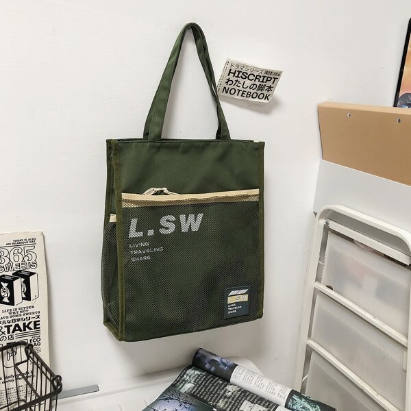 

Letter Graphic Mesh Detail Shopper Bag, Green