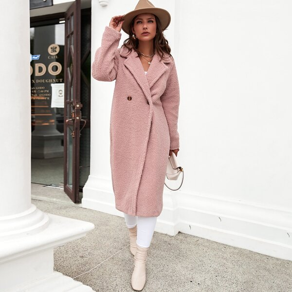 

Lapel Collar Dual Button Teddy Coat, Dusty pink