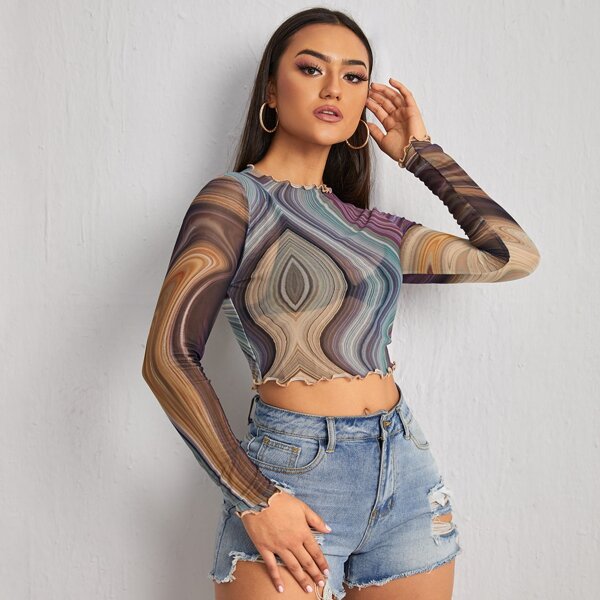 

Marble Print Lettuce Trim Mesh Top, Multicolor