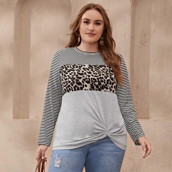 

Plus Striped And Leopard Print Twist Front Tee, Multicolor