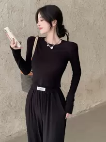 Solid Ribbed Crop Tee - Black - View 1