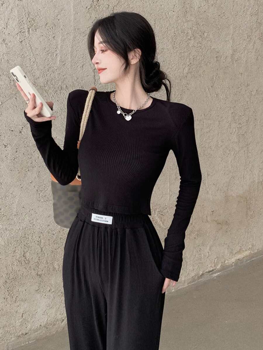 Solid Ribbed Crop Tee - Black - View 1