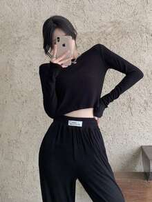 Solid Ribbed Crop Tee - Black - View 2