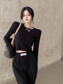 Solid Ribbed Crop Tee - Black - View 3