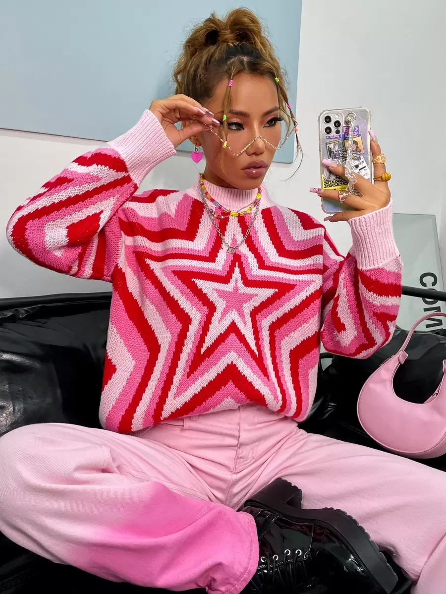 SHEIN Unity Áo len nữ Hình học Giải trí - Hồng - Xem 1