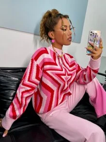 SHEIN Unity Áo len nữ Hình học Giải trí - Hồng - Xem 5