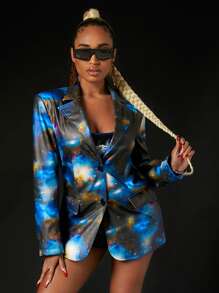 SHEIN SXY 滿版印花PU皮革西裝外套 - 藍色 - 查看 1