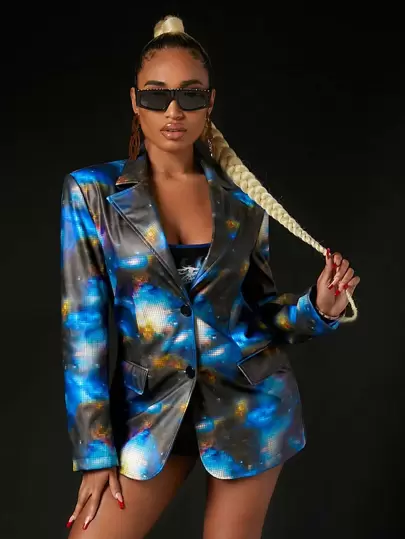 SHEIN SXY Allover Print PU Leather Blazer