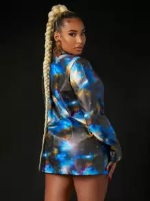 SHEIN SXY 滿版印花PU皮革西裝外套 - 藍色 - 查看 2