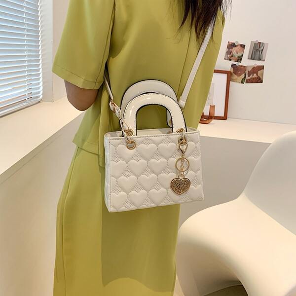 

Metal Decor Heart Design Satchel Bag, White