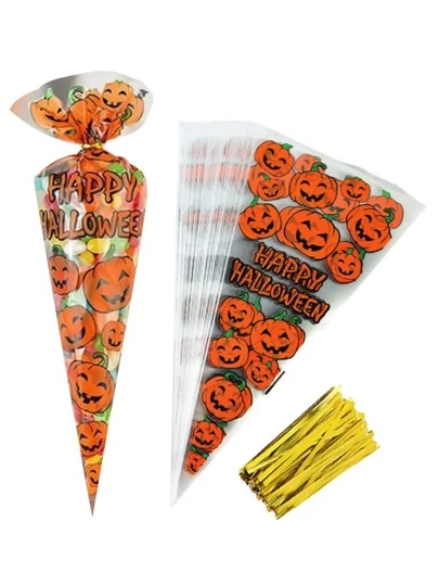 10pcs Halloween Pumpkin Print Packaging Bag With Tie