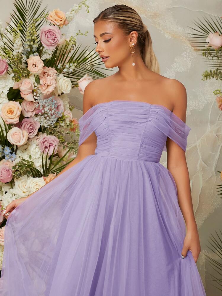 SHEIN Off Shoulder Mesh Prom Dress - Lilac Purple - View 4