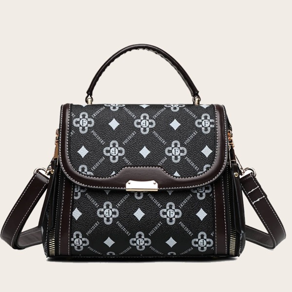 

Geometric & Letter Graphic Satchel Bag, Black