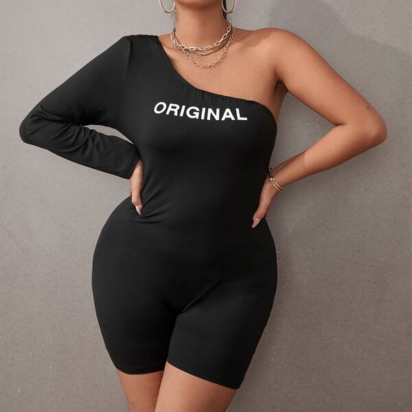 

Plus Letter Graphic One Shoulder Romper, Black