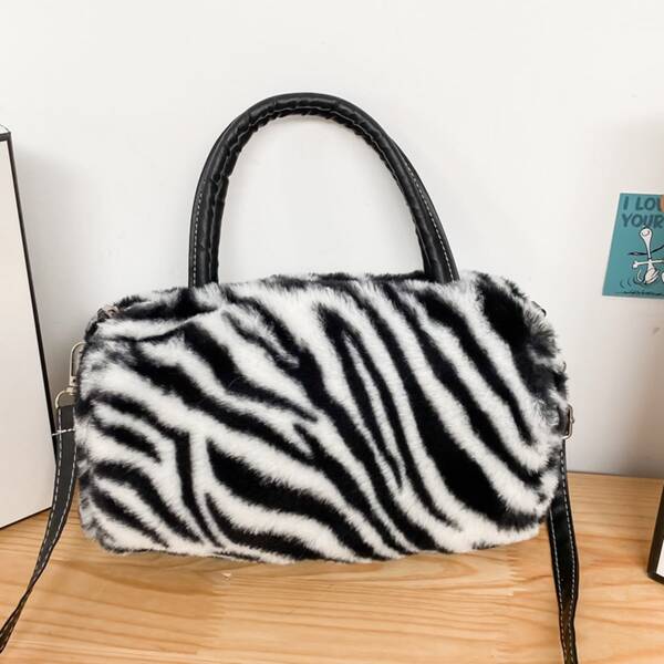 

Fuzzy Zebra Stripe Print Square Bag, Black and white