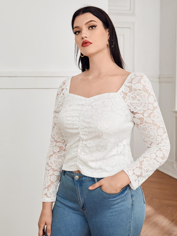 Plus Sweetheart Neck Lace Top - White - View 5