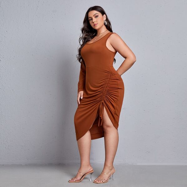 

Plus Solid Drawstring Split Thigh Dress, Rust brown
