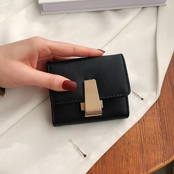 

Metal Decor Fold Small Wallet, Black