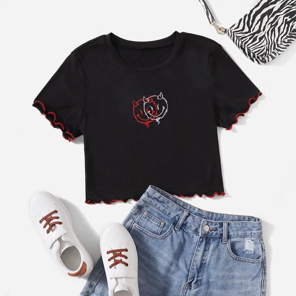 

Plus Lettuce Trim Graphic Embroidery Tee, Black