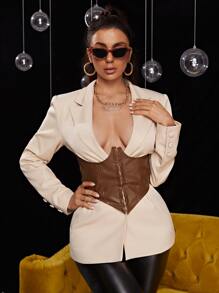 SHEIN SXY Lapel Neck Hook and Eye Corset Waist Blazer - Apricot - View 1